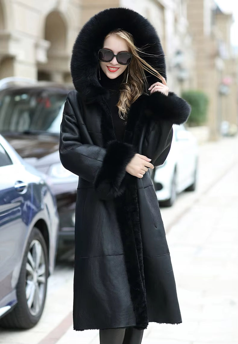 Sheep Shearing Fur Overcoat with Fox Fur Slim Hood Long-Sleeved Winter Women'S Fur Coat Ladies Windbreaker  FS20139